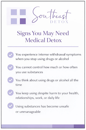 Medical detox warning signs infographic from Southeast Detox listing withdrawal symptoms, cravings, loss of control, and continued substance use despite harm.