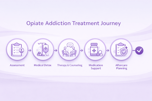 Opiate addiction treatment journey infographic showing five stages: assessment, medical detox, therapy and counseling, medication support, and aftercare planning.