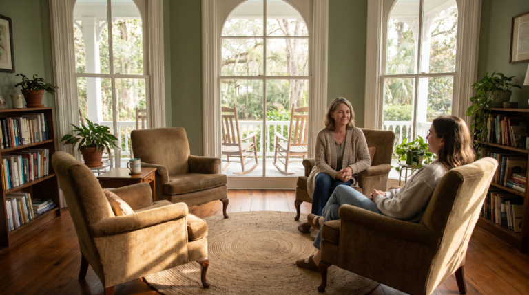 Therapist and patient in a warm, welcoming therapy session at Southeast Detox residential treatment center in Rome, GA