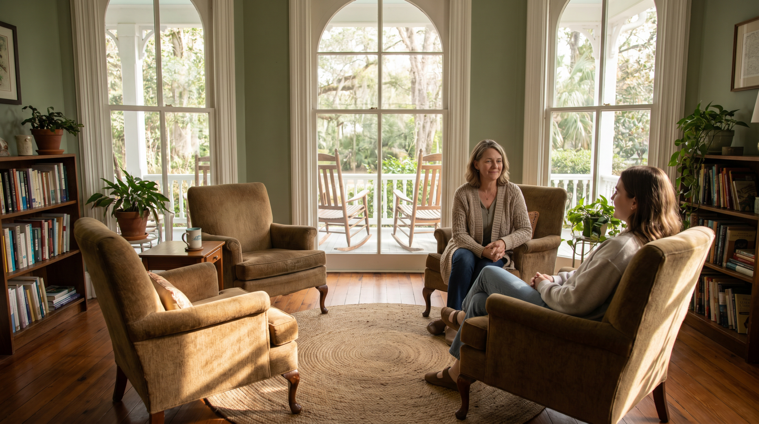 Therapist and patient in a warm, welcoming therapy session at Southeast Detox residential treatment center in Rome, GA