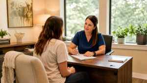 A compassionate nurse practitioner consulting with a patient at a medical detox facility in Rome, Georgia