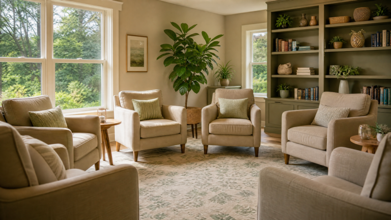 Warm, welcoming group therapy room at Southeast Detox residential treatment center in Rome, Georgia