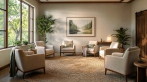 Warm, welcoming group therapy room at Southeast Detox residential treatment center in Rome, Georgia