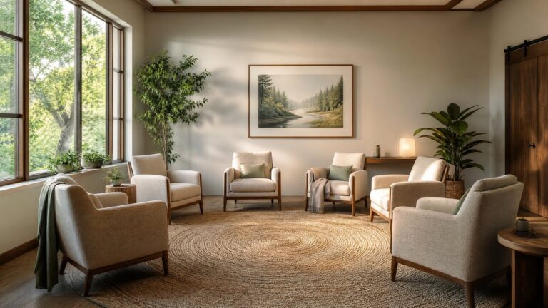 Warm, welcoming group therapy room at Southeast Detox residential treatment center in Rome, Georgia