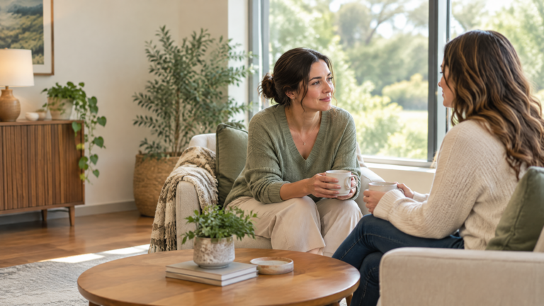 Family members having a calm supportive conversation in a warm, welcoming setting